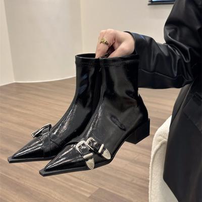 Туфли на толстом каблуке, с острым носком, темпераментные, облегающие, короткие ботильоны, женская обувь, весенне-осенние одинарные ботинки, черные ботинки Мартин