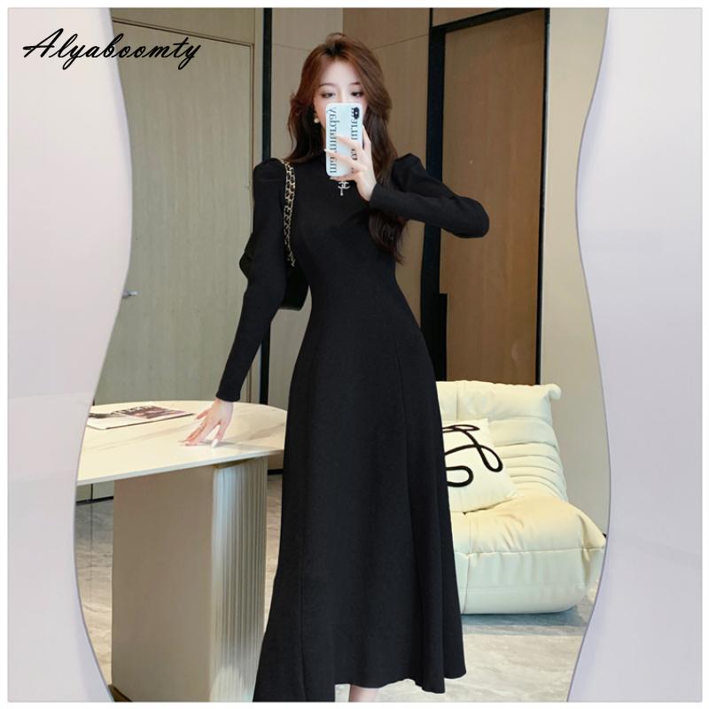 Французский стиль, осенне-зимнее женское платье-свитер миди, с половиной воротником, черное, серое, кофейное, вязаное платье, элегантное женственное трикотажное платье