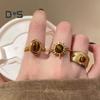 Tiger Eye Stone Ring Flower Shape Retro Golden Index Finger Ring Electroplating Geometric Wide Adjustable Opening Ring Adult Club Party Jewelry