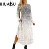 Women's O Neck Plug Pocket Long Sleeve Casual Printed Dresses