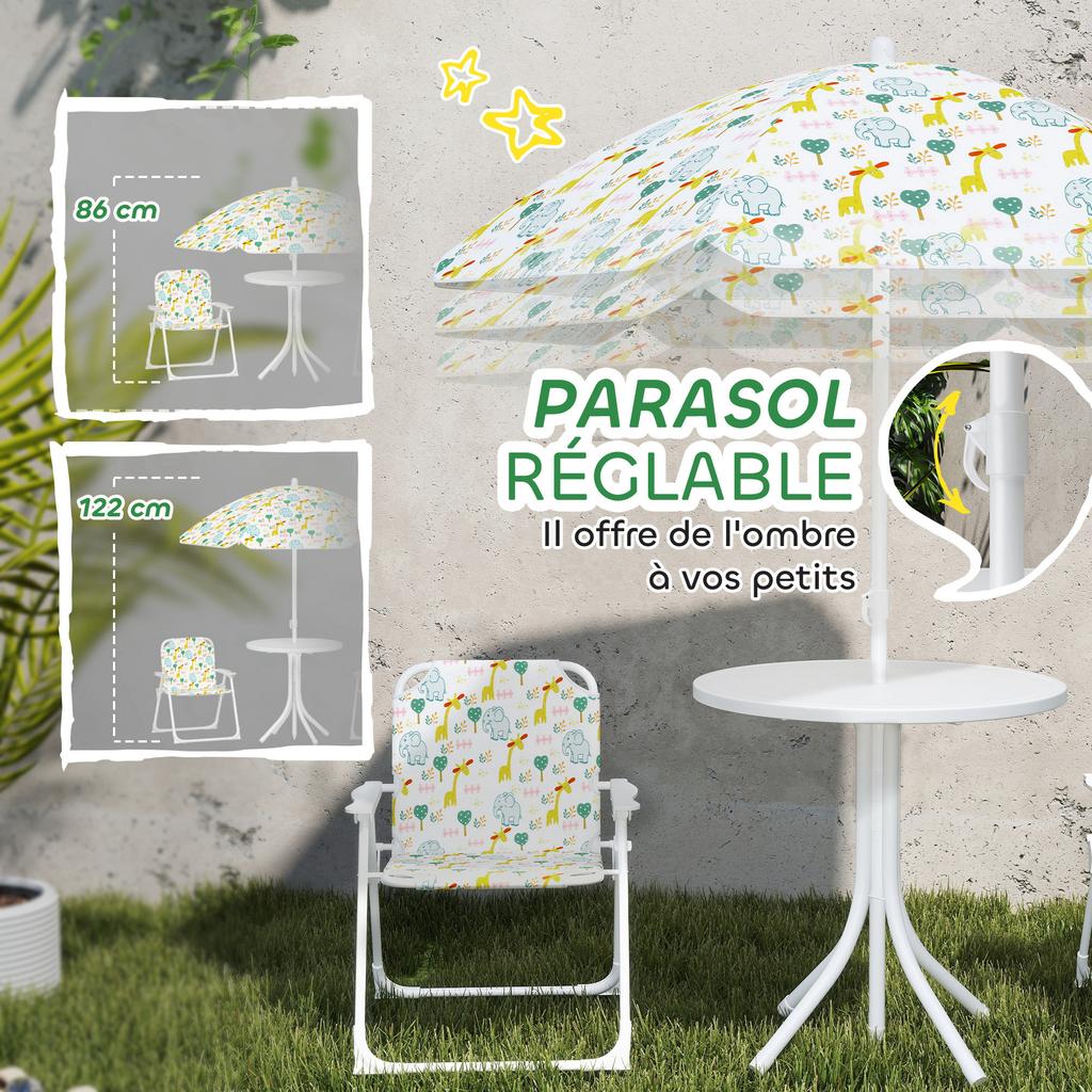 Children's 4-piece outdoor garden furniture set, elephant and giraffe design, adjustable parasol ? 100 cm, folding chair