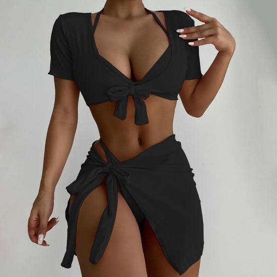 4 Pcs/Set Women Swimsuit Set Solid Color Spaghetti Strap Quick Dry Women