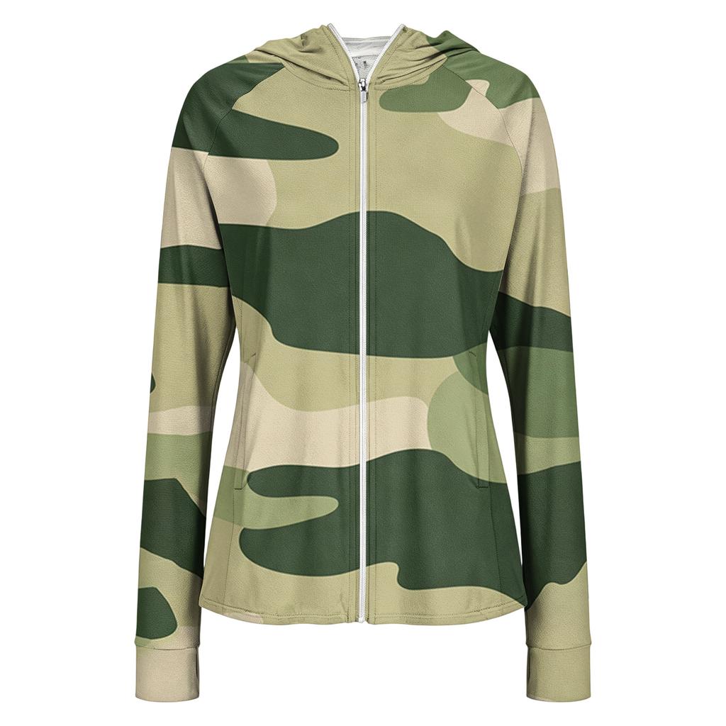 Womens Zip Up Hoodie Lightweight Long Sleeve Camouflage Print Sun Protection Jacket with Hood and Pockets for Outdoor Activities