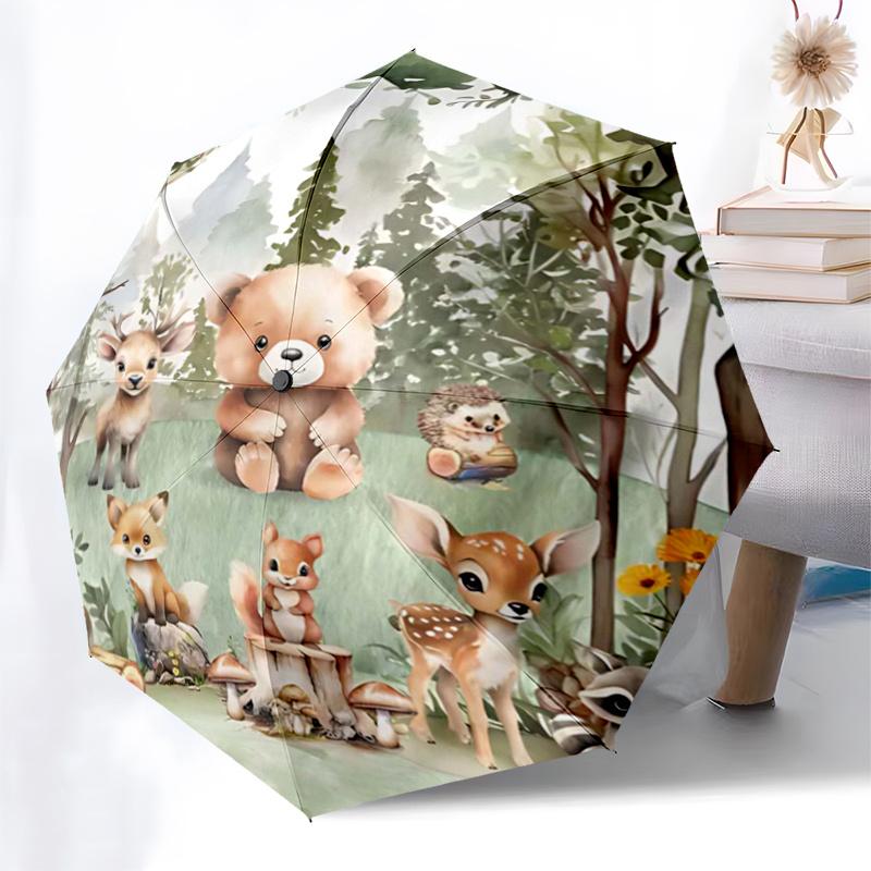 Woodland Animal Friends Automatic Folding Umbrella - Portable 3-Fold Design with Iron Frame, Perfect for Fans, Travelers, Everyday Use, and