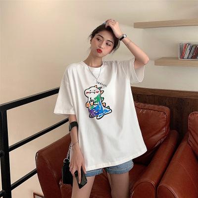 Summer Korean version of the new BF style loose medium and long fun graffiti printing short-sleeved T-shirt top women's ins