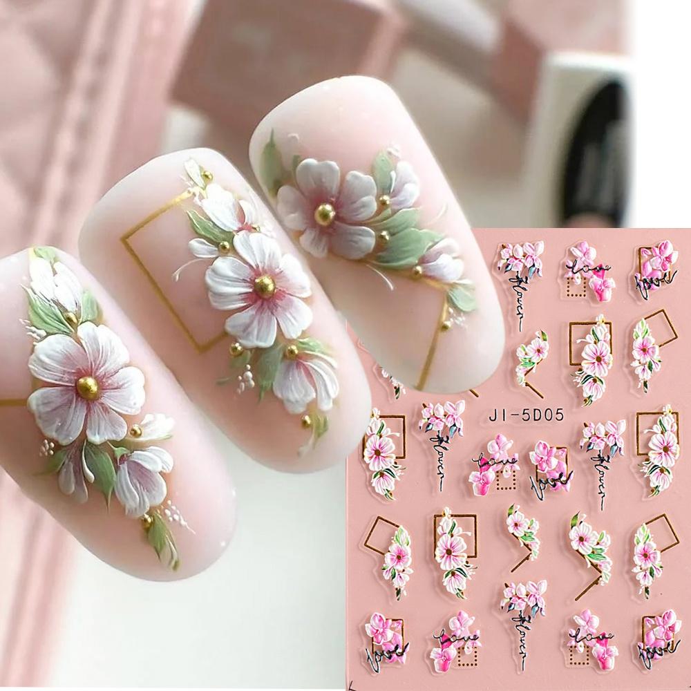 5D Nail Stickers Flowers Embossed Sliders Nail Art Decorations Decals DIY Manicure