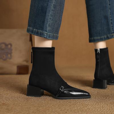 Осенний Париж~ стиль old money французские женские ретро ботильоны из коровьей кожи с толстым каблуком и заостренным носком, универсальные и стройнящие