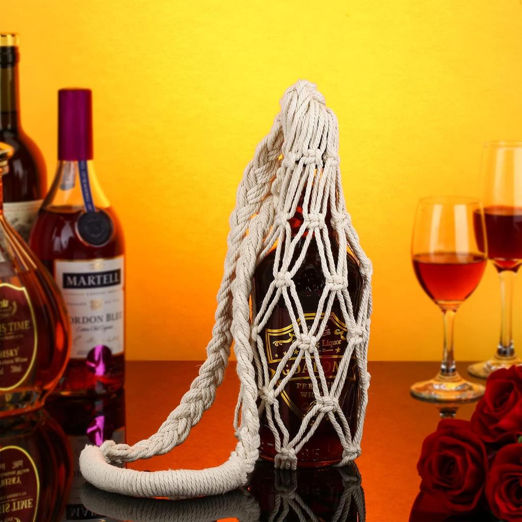 Lothee 2 Pcs Macrame Water Bottle Carrier Cotton Water Bottle Bag Long Strap Boho Water Bottle Holder Woven Macrame Bottle Holder for Adult Sling