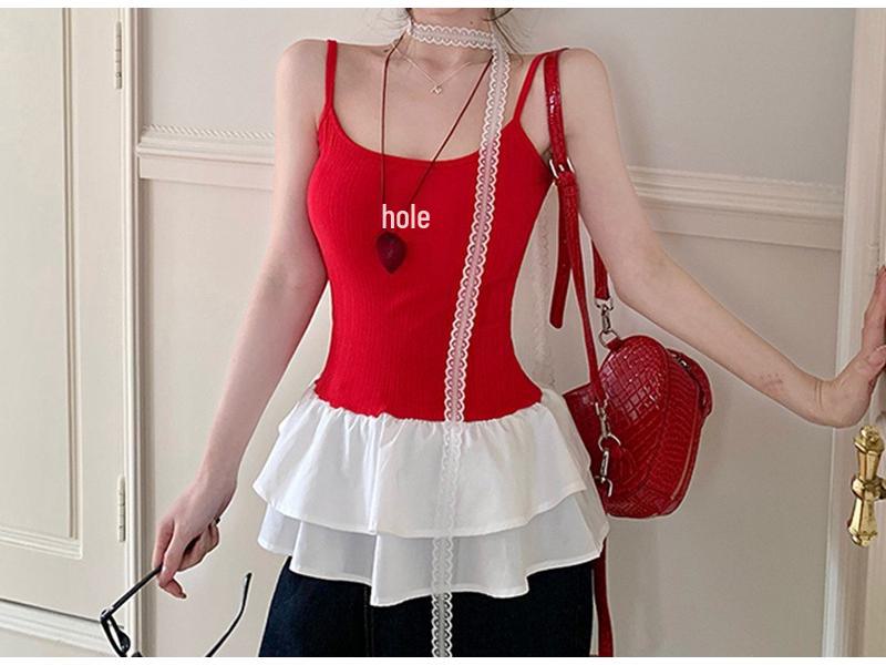 Red Lace-Trim Camisole for Women - Ballet Style Summer Top