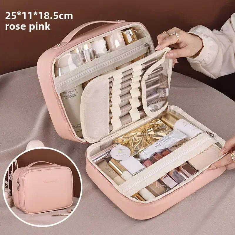 Women PU Leather Double Layer Travel Makeup Wash Clear Cosmetic Bag with Zipper Multi-Compartment Waterproof Toiletry Makeup Box