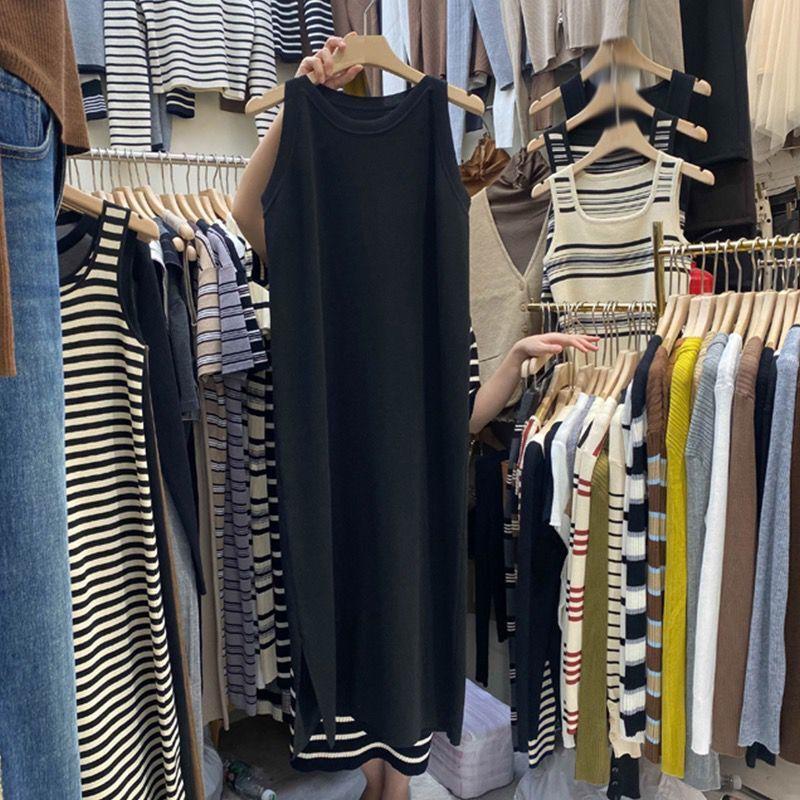 Женское платье, полосатое платье-майка с бретелькой на бретельках, без рукавов, свободное, большого размера, верхняя одежда, открытое длинное платье с внутренней стороны низа