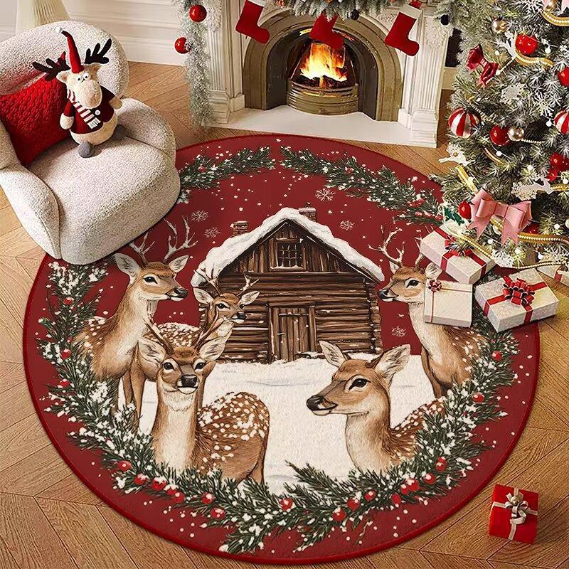 1 шт. Рождественский круглый ковер из искусственной шерсти - Нескользящий, устойчивый к пятнам, для гостиной, спальни