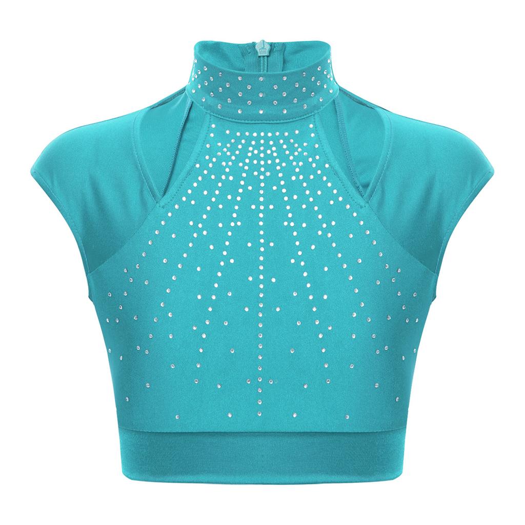 Girls Sleeveless Crop Top Shiny Rhinestones Cutout Design for Figure Skating Dance Gymnastics Performance Wear