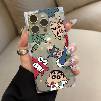 Прозрачный квадратный чехол-бампер для iPhone 15 Plus 12 13 14 Pro Max 11 16 ProMax, защита от окисления, чехол с динамичным рисунком Шин-чана