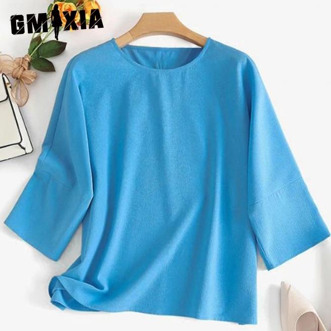 GMXIA Женские модные повседневные летние однотонные блузки и рубашки с круглым вырезом с рукавами 3/4 и принтом