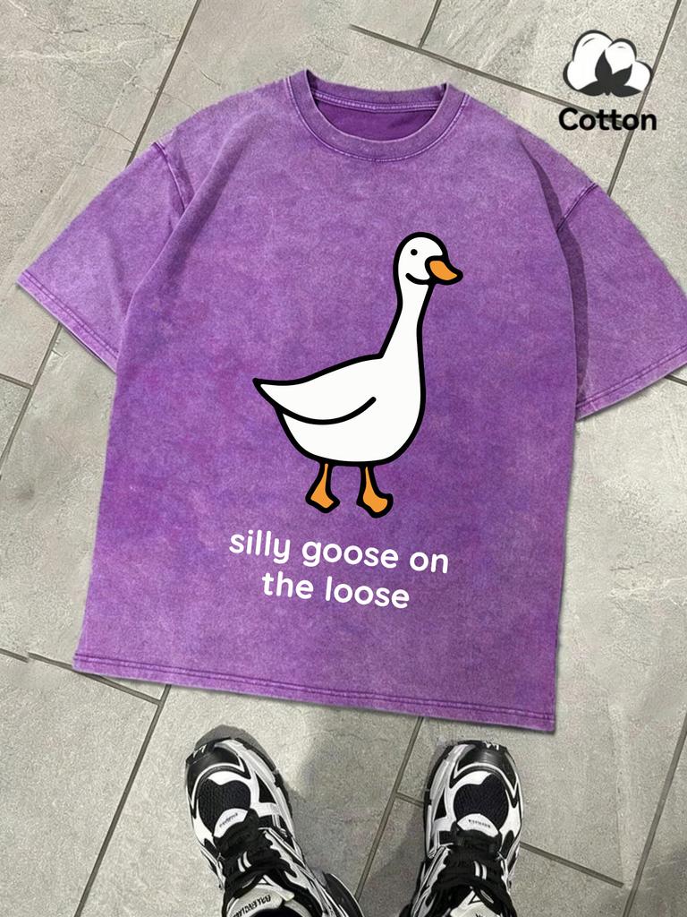 Sillu Goose On The Loose Print Snow Wash Man TShirt Summer Cotton Retro Tee Fashion Short Sleeve Unisex Loose ONeck Top