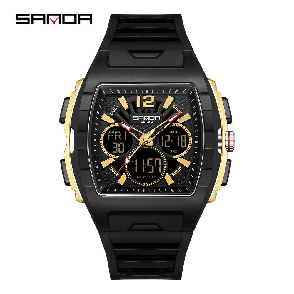 SANDA 3396 Fashion Electronic Watches for Man Dual Display Students Luminous Alarm Clock Sports Waterproof LED Digital Watch