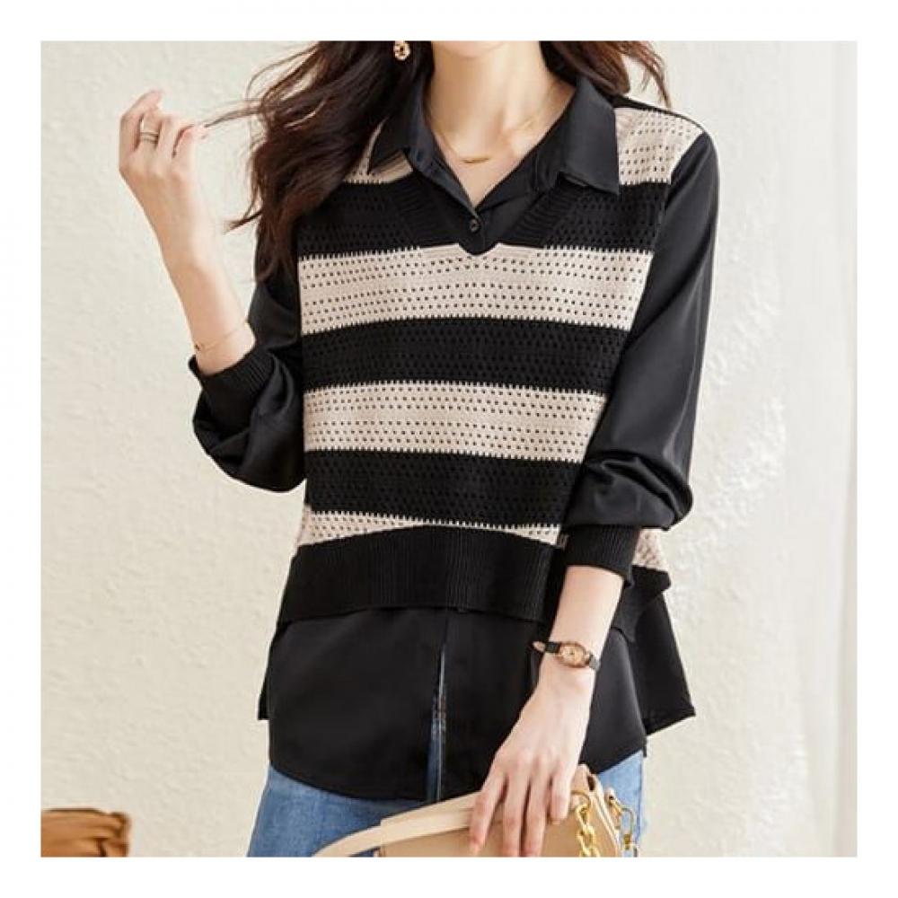 Navava Long Sleeve Striped Punch Two In One Shirt Nb2302