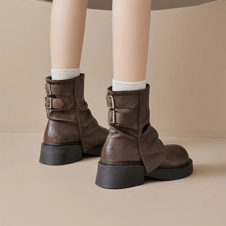 [Fanfna] Short Boots Women's Spring Thicksole Brown Pants Single Boots Knight Medium Boots Children