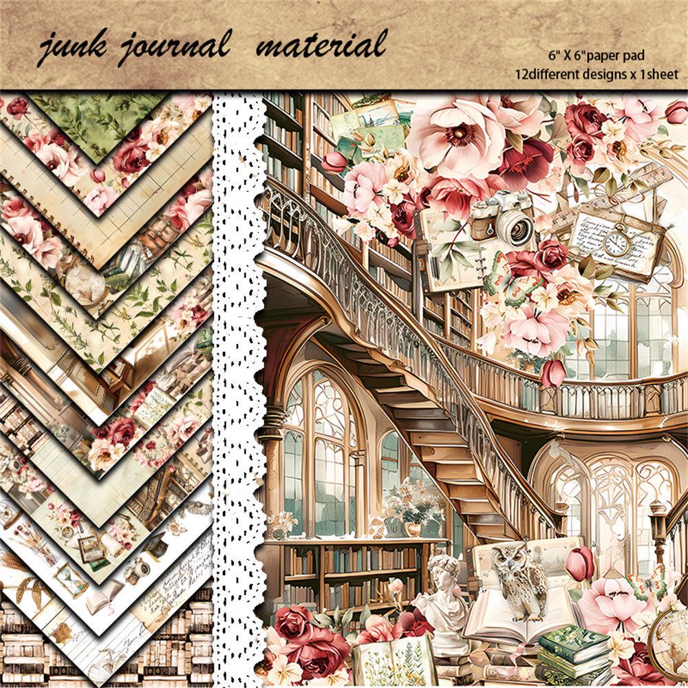 12 Sheets Retro Base Material Academic Background Paper for Journaling - European & American Collage Stickers