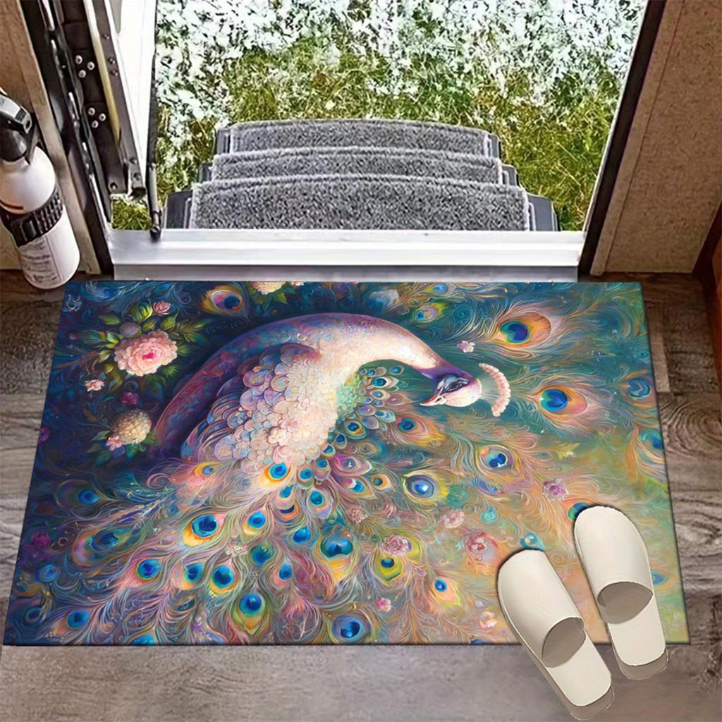 Vibrant white peacock and floral non-slip area carpet crystal velvet, large size, perfect for living room floor mats