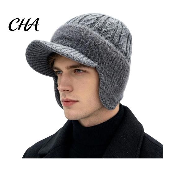 Winter Cap with Ear Flaps Hat Brim And Flaps, Fleece Lined Knitted Hat, Cozy Protection for Snowboarding Fuzzy Warm Visor Men, Cold Weather