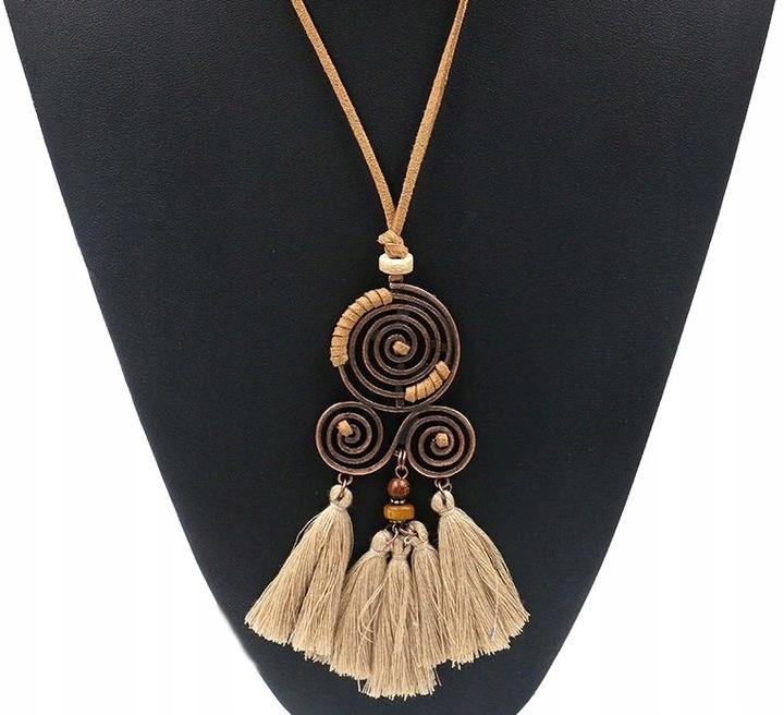 Naszyjnik Na Rzemyku Frędzle Damski Długi Retro Folk Vintage Boho Pompon