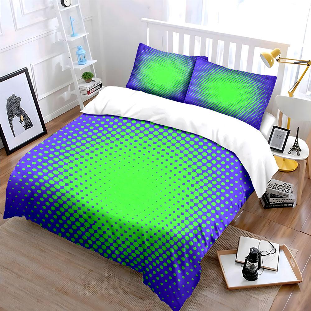 Gradient Center Dot Bedding Set, Purple Green Radial Halftone Print Duvet Cover 2 Pillowcases Single Double King Queen, Gift