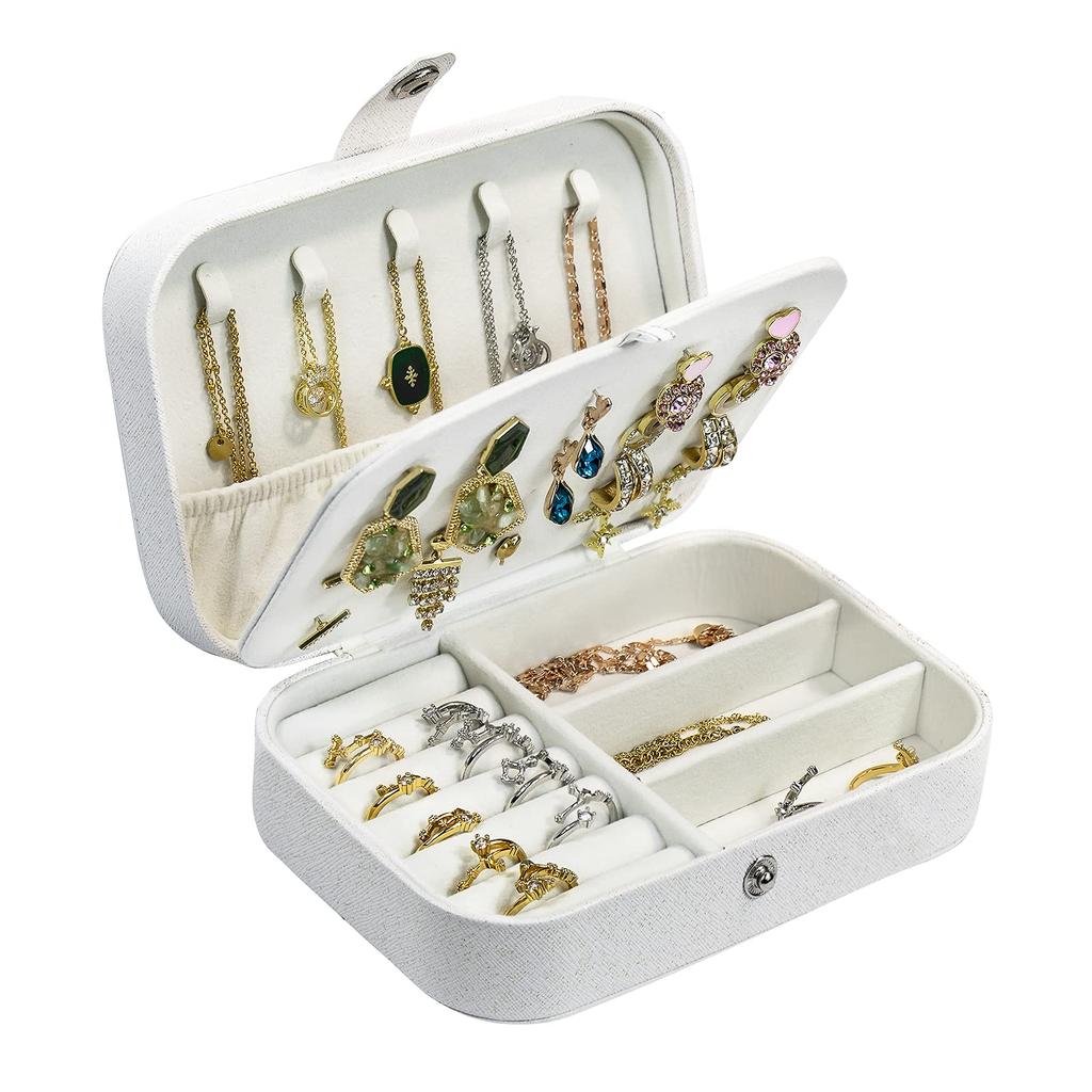 Hatori Travel Jewelry Box, PU Leather Small Jewelry Organizer for Women Girls, Double Layer Portable Mini Travel Case Display Storage Holder Boxes