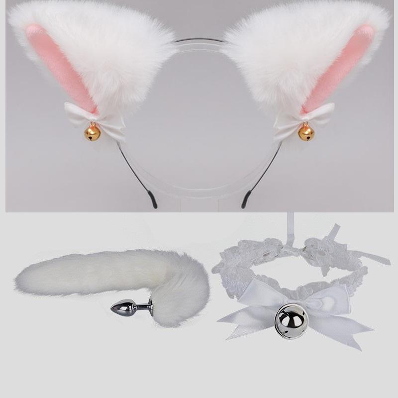 SM Эротический Набор для Фиксации Котенка: Хвостовая пробка, Ошейник, Наручники, Зажимы для сосков