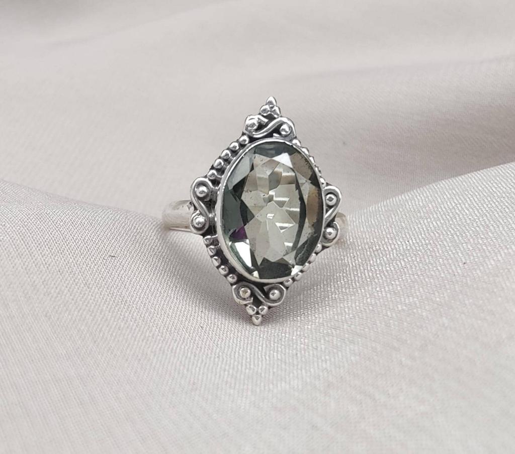 Green Amethyst 925 Sterling Silver Ring: Faceted Oval, Boho Statement Ring