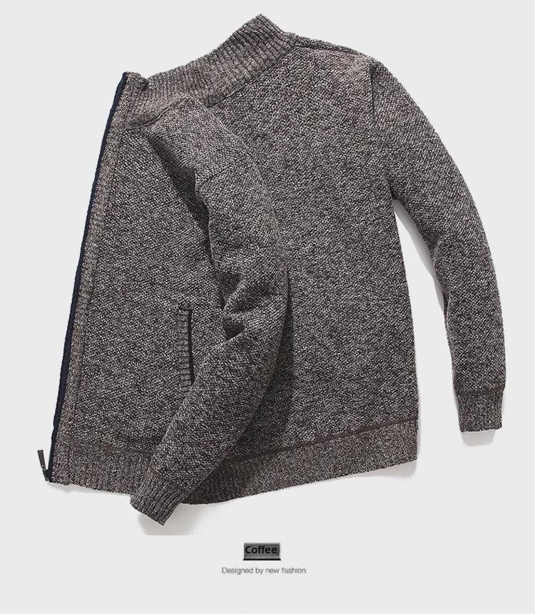 Men's Autumn/Winter Plus Velvet Zipper Knitted Cardigan Jacket with Stand Collar and Solid Color