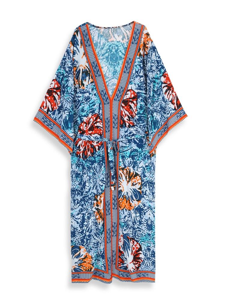 EDOLYNSA 2024 летние сексуальные накидки на бикини с поясом, кимоно, кардиган с принтом, длинный купальник, накидка для женщин, домашнее платье больших размеров Q1512