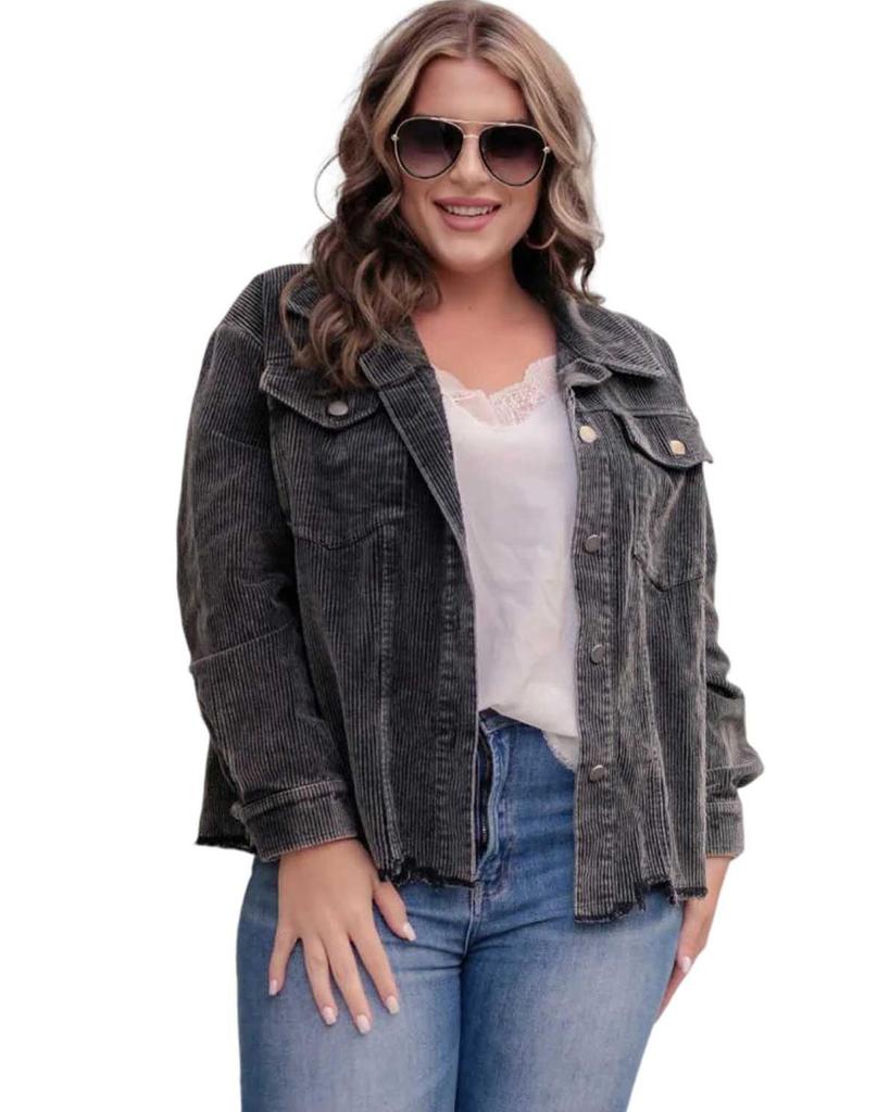 Azura Exchange Gray Plus Size Flap Pocket Raw Edge Corduroy Jacket