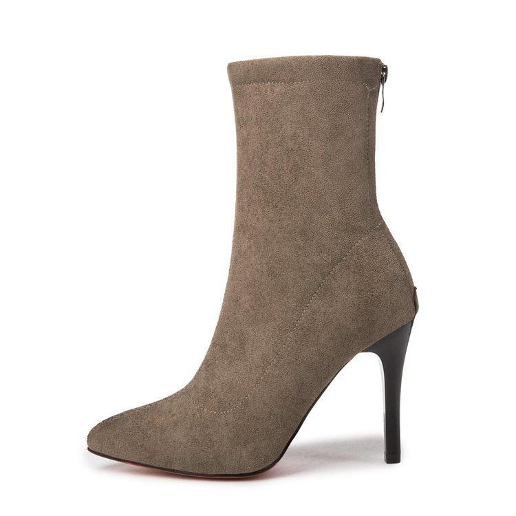 Женские сапоги 2024 года, короткие туфли на высоком каблуке для женщин, осенние замшевые ботильоны из искусственной кожи, черные носки, женские сапоги на каблуке, женские