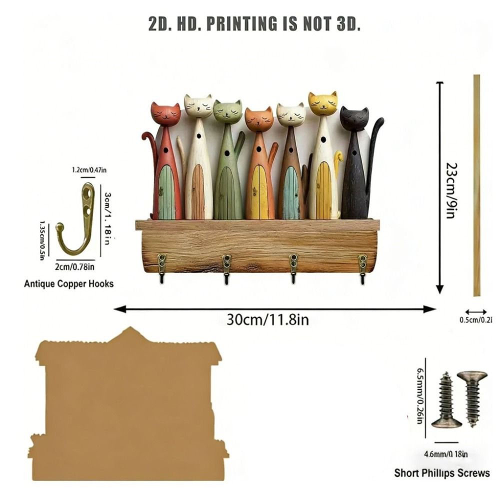 Colorful Cat Wooden Key Hanger Retro Design with 4 Hooks Animal Key Holder 2D Flat Wall-Mounted Key Holder Bedroom