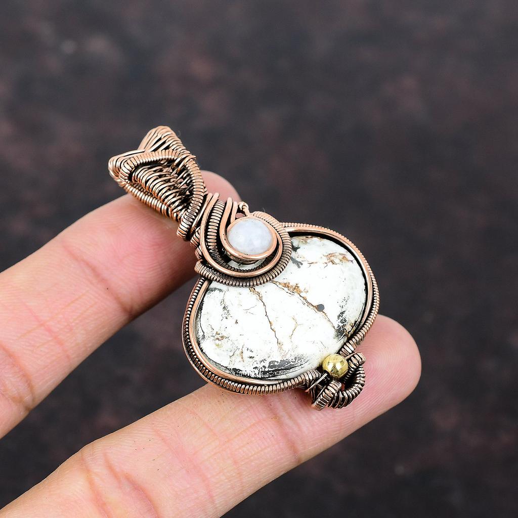 Подвеска из магнезита дикой лошади, обернутая медной проволокой, подвеска из радужного лунного камня, драгоценный камень, медная бижутерия, подвеска ручной работы, подарок для матери