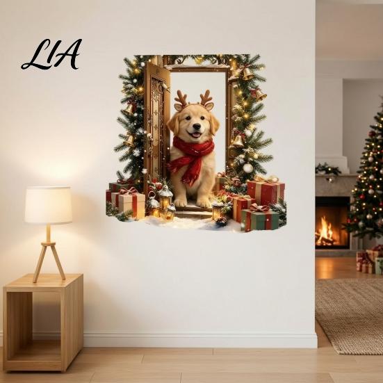 Decorative Door Stickers for Christmas 2Pcs 3D Illusion Dog Wall Sticker, Removable Self?Adhesive Holiday Atmosphere Decal, Puppy Mural Living Room