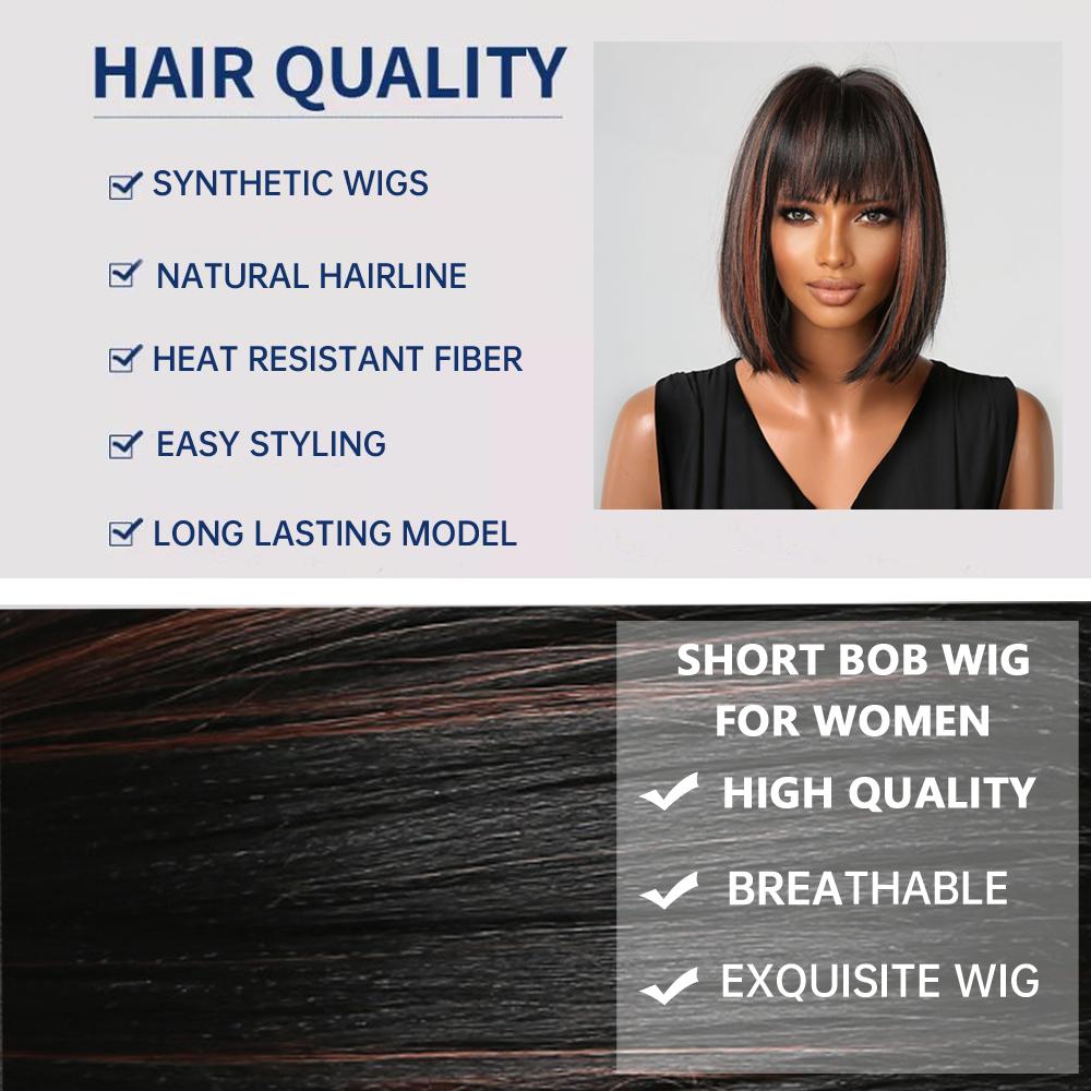 Черные прямые парики из синтетических волос с челкой, короткий боб, красные блики, парики для женщин, повседневный косплей, натуральный парик, термостойкий