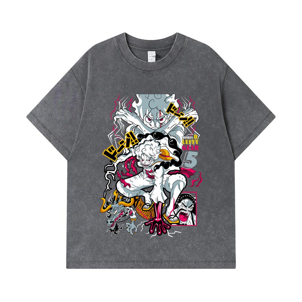 275 GSM Washed T-shirts 100% Cotton One Piece V23 Luffy Gear Print Unisex Heavy Cotton T Shirt
