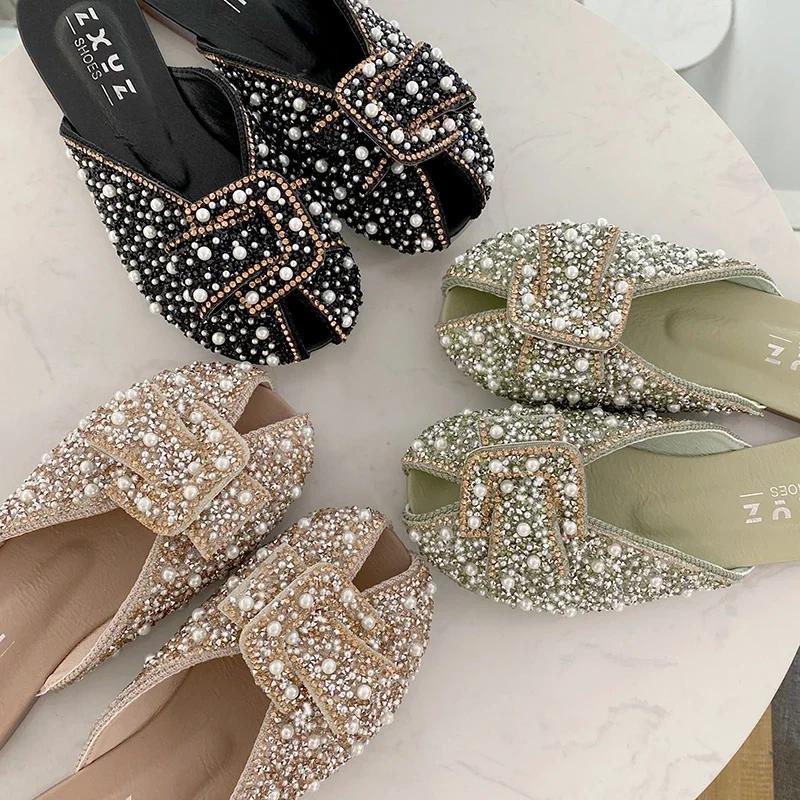 Fashion For Women 2024 Loafers Glitter Slides Ladies' Slippers Peep Toe Flat Shoes Female Pantofle Fashion Jelly New Luxury