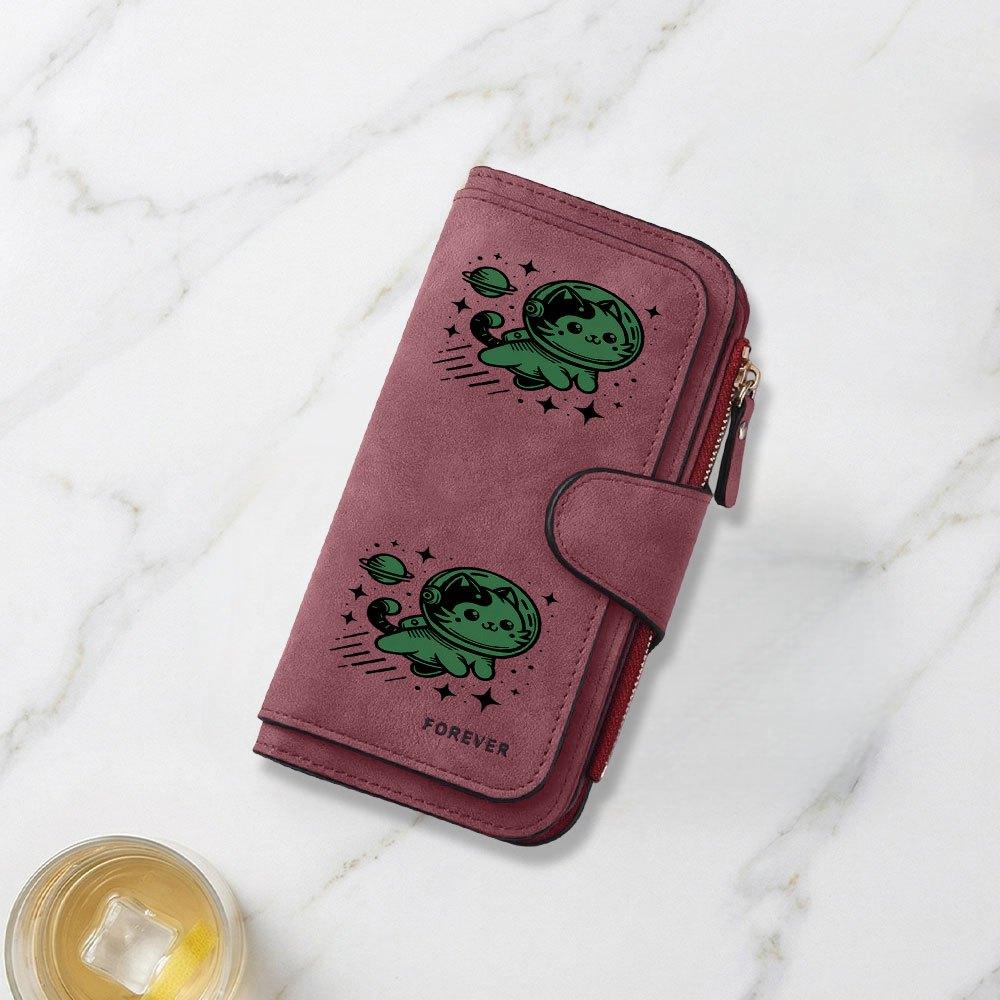 Fashionable long wallet with space cat wearing spacesuit roaming universe print design eye catching multifunctional portable large capacity with card