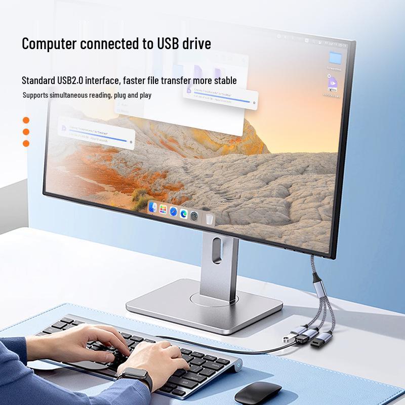 Разветвитель Type-C на USB 2.0: Кабель OTG с несколькими интерфейсами для компьютера, мобильного телефона, клавиатуры и мыши