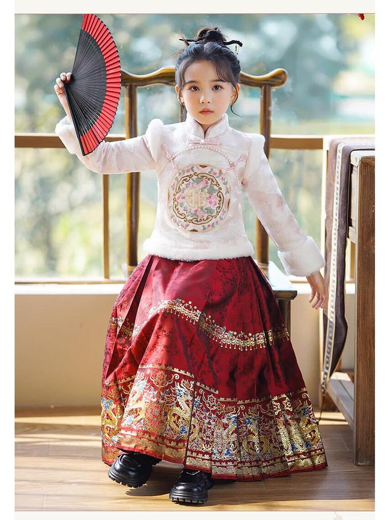 Девочковый бархатный комплект Hanfu с юбкой Ma Mian - Зима 2025, новый китайский стиль для осени/зимы и празднования Нового года