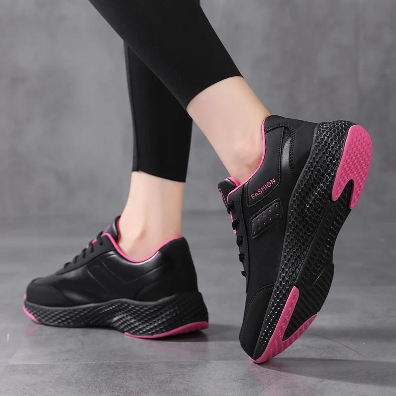 Fashion 2025 Women's Leather Sneakers Casual Sneakers Lace Up Flats Lightweight Comfortable Black Anti-slip Running Shoes Outdoor Sports