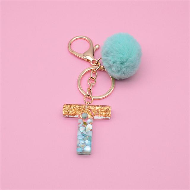 Подвеска-ключ с 26 инициалами и зеленым пушистым помпоном, модная сумка для девочек, блестящий градиентный полимерный брелок с алфавитом, подвески