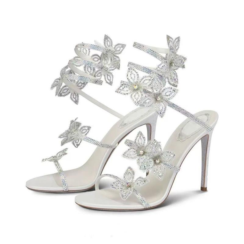Luxury Rhinestones Flowers Women Gladiator Sandals Sexy Snake Twine Ankle Strap High heels Summer Wedding Prom Shoes Sandalias