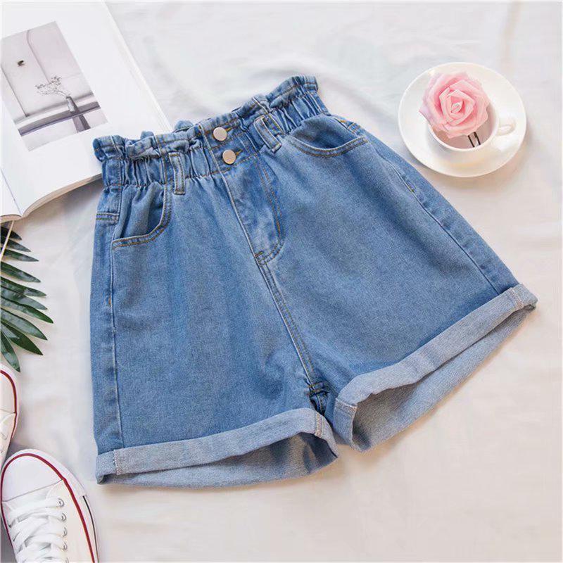 Women's A-line High Waist Denim Shorts - Summer Korean Style, Elastic Waist, Rolled Hem, Loose, Versatile, Slimming, Wide Leg.