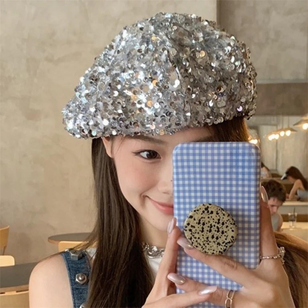 Everyday Retro Glitter Sequin Beret Trendy Casual Style Fashion Painter Hat Chic Design Sparkling Lady Octagonal Cap Daily