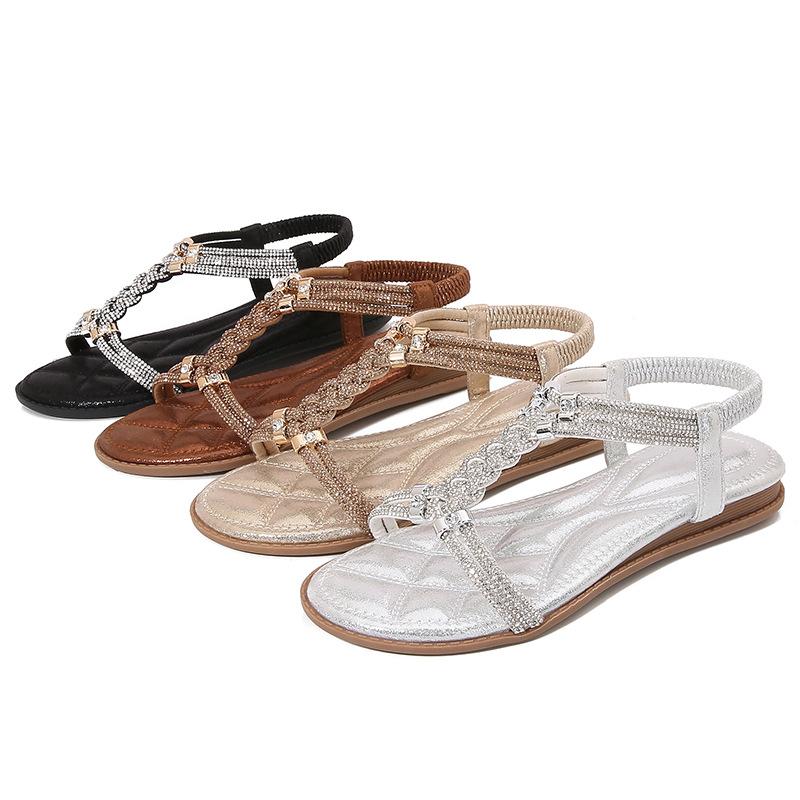 2024Ladiesshoes Bohemian новые модные босоножки со стразами на плоской подошве женские туфли